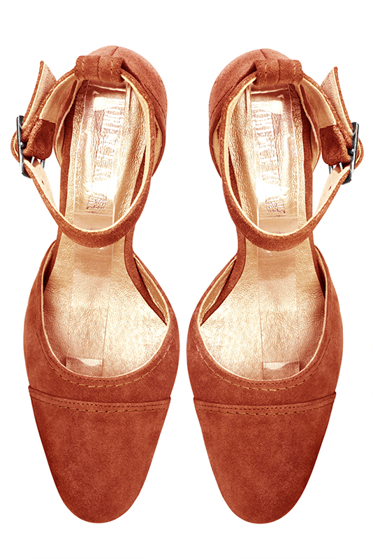 Terracotta orange women's open side shoes, with a strap around the ankle. Round toe. Medium block heels. Top view - Florence KOOIJMAN